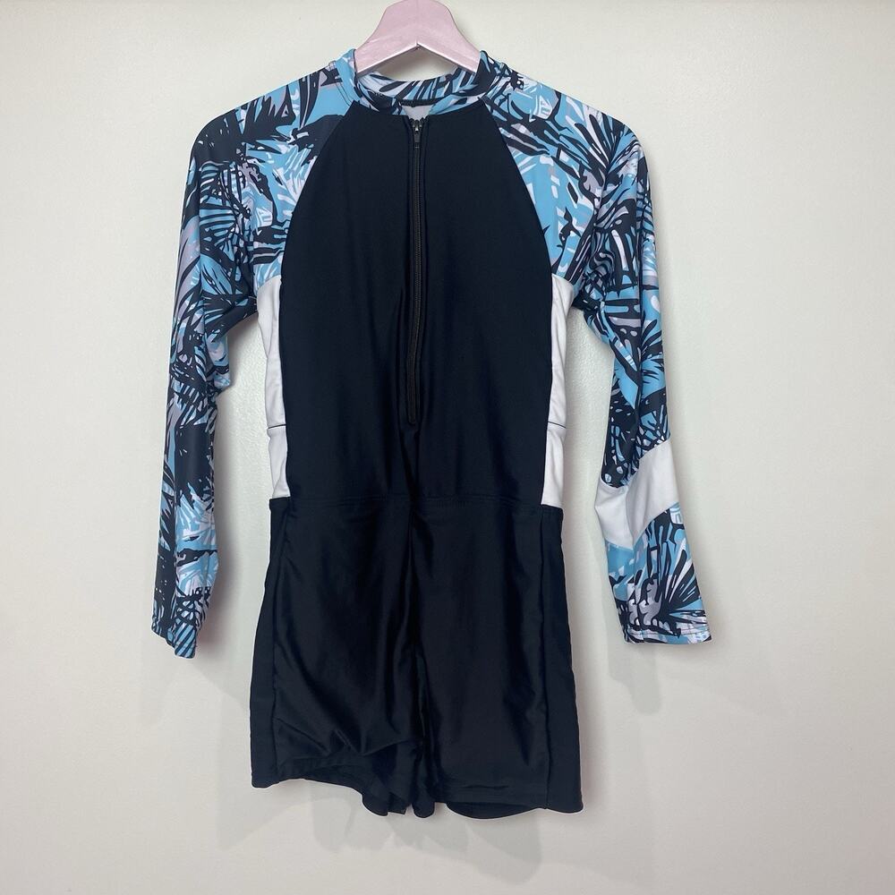 Women's Sz Large Modest Long Sleeve Front Zip Swimsuit Black Blue White Bodysuit
